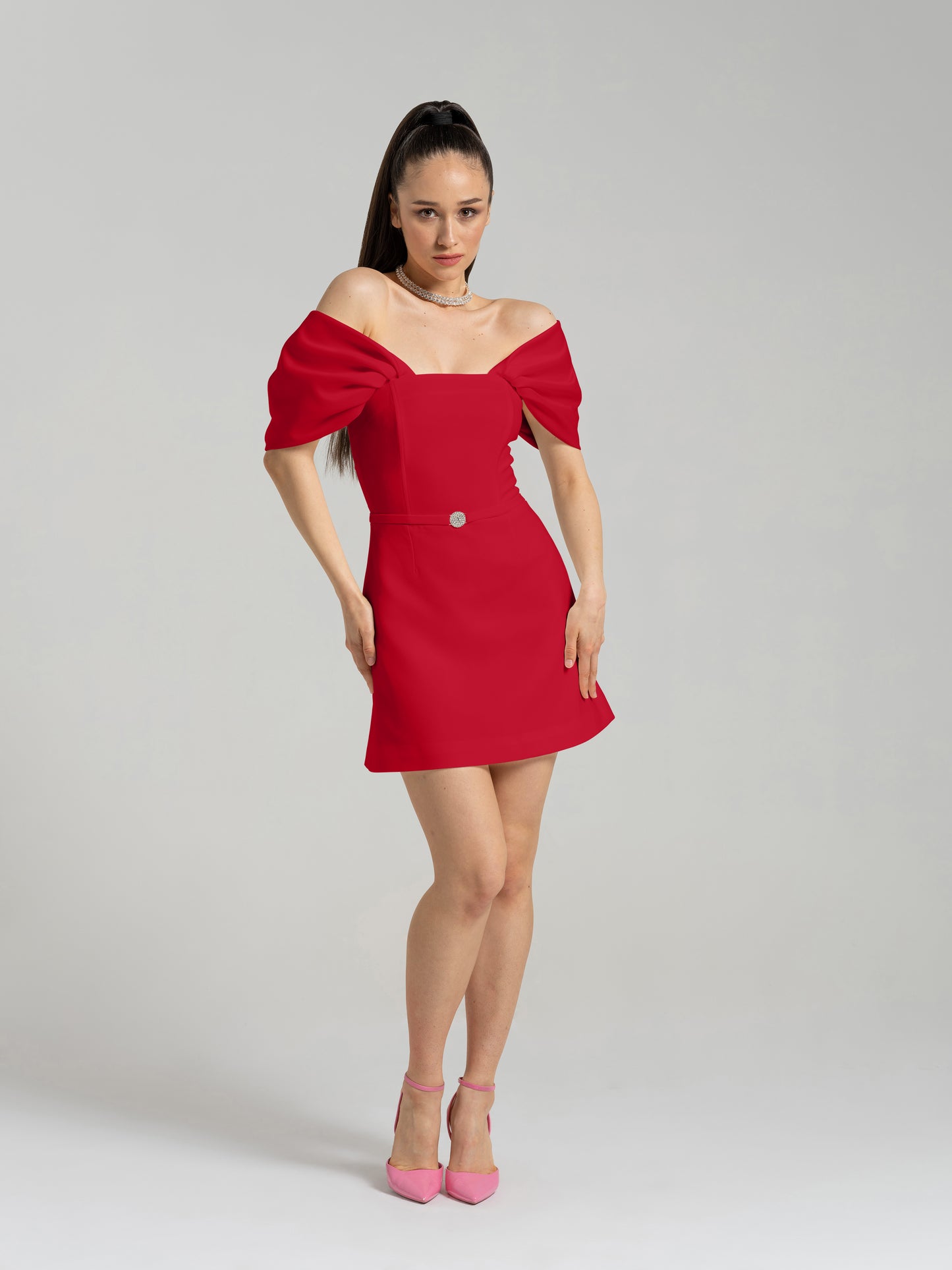 Mirage Crystal Ornament Mini Dress - Red