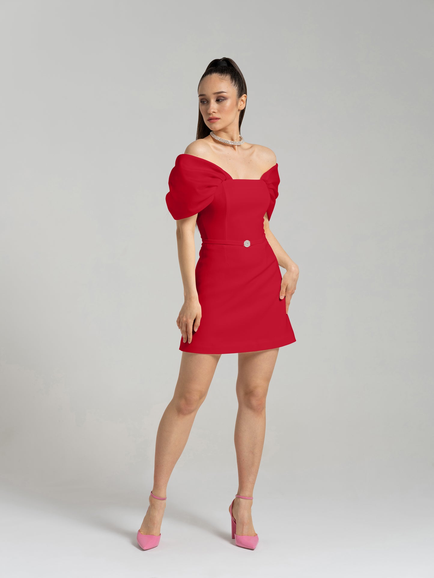 Mirage Crystal Ornament Mini Dress - Red