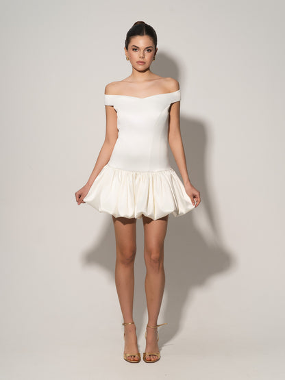 Off-Shoulders Satin Balloon Dress - Pearl White