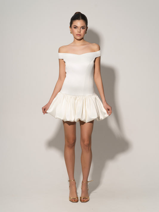 Off-Shoulders Satin Balloon Dress - Pearl White
