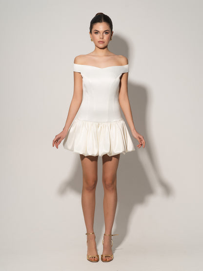Off-Shoulders Satin Balloon Dress - Pearl White