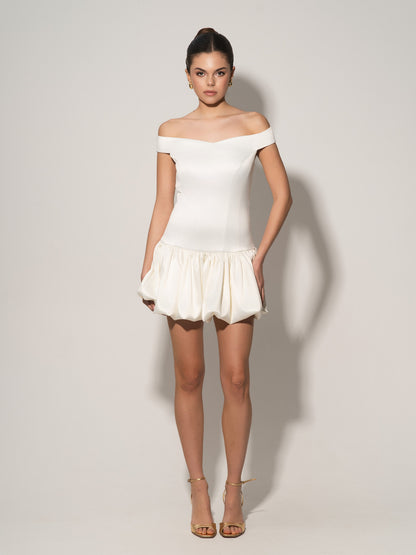 Off-Shoulders Satin Balloon Dress - Pearl White