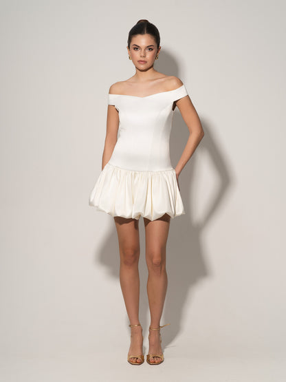 Off-Shoulders Satin Balloon Dress - Pearl White