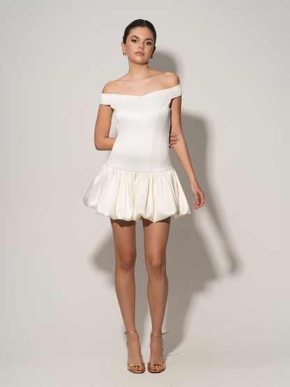 Off-Shoulders Satin Balloon Dress - Pearl White