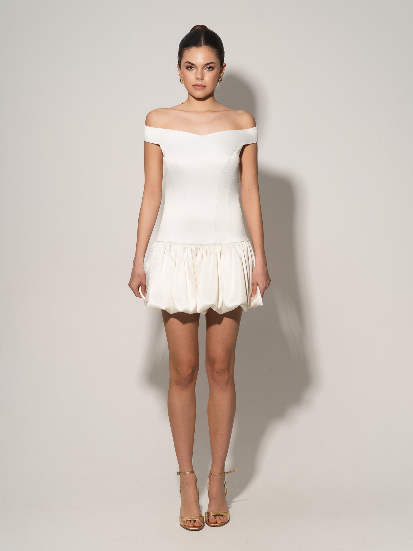 Off-Shoulders Satin Balloon Dress - Pearl White