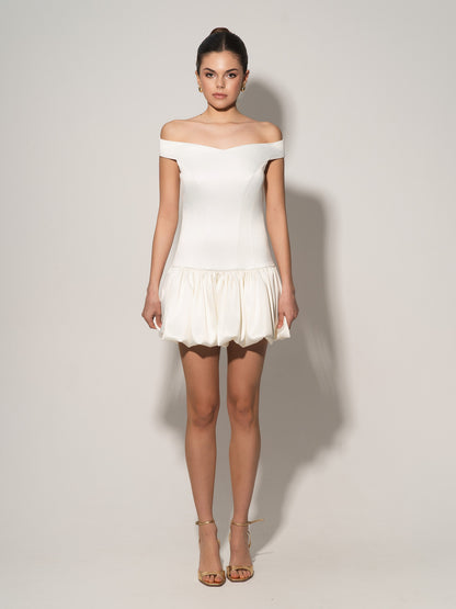 Off-Shoulders Satin Balloon Dress - Pearl White