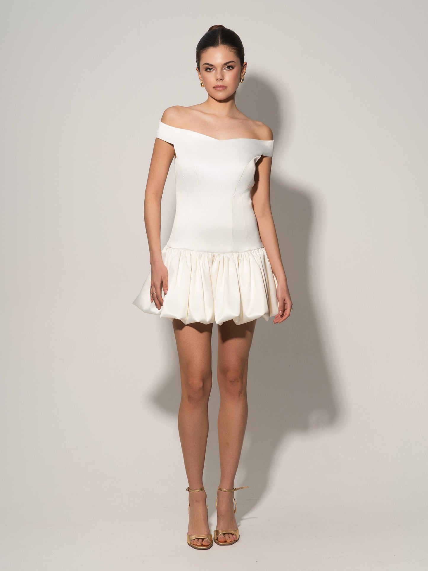 Off-Shoulders Satin Balloon Dress - Pearl White