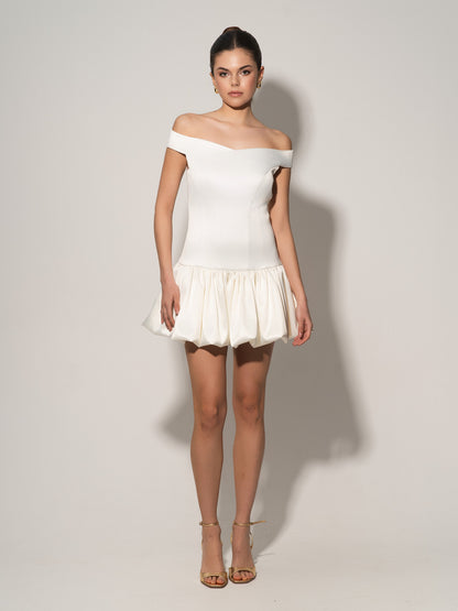 Off-Shoulders Satin Balloon Dress - Pearl White