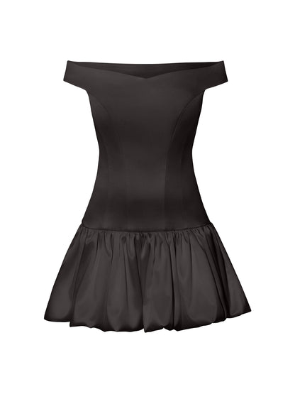 Off-Shoulders Satin Balloon Dress - Black