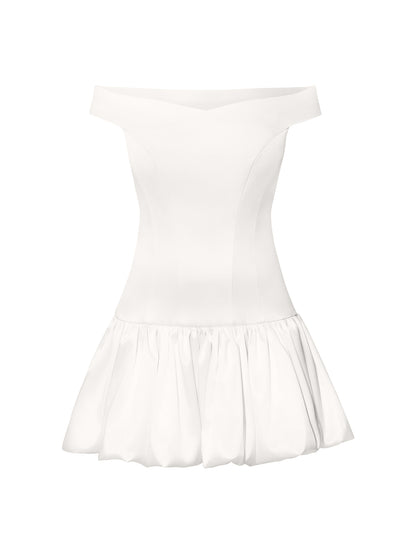 Off-Shoulders Satin Balloon Dress - Pearl White