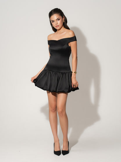 Off-Shoulders Satin Balloon Dress - Black