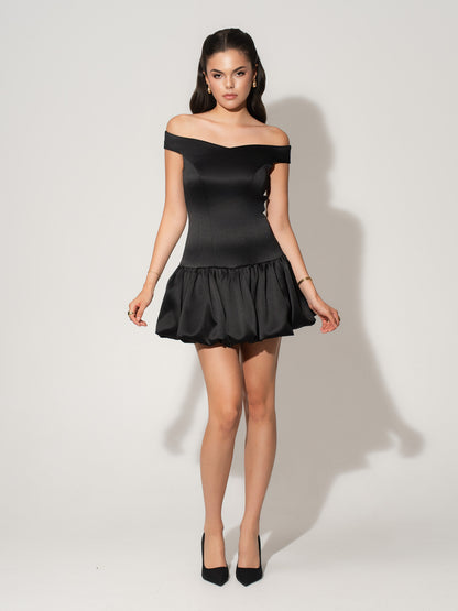 Off-Shoulders Satin Balloon Dress - Black