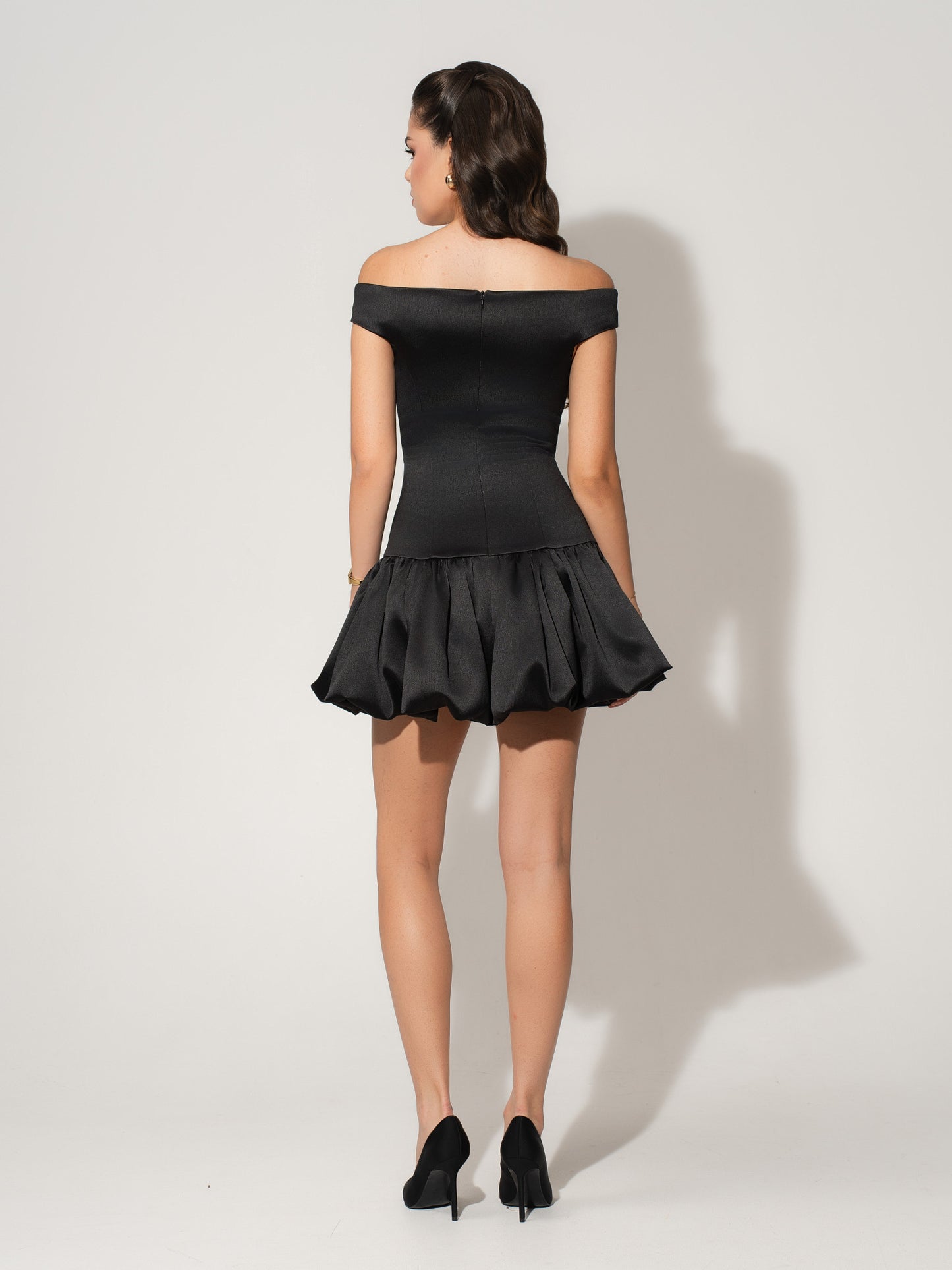 Off-Shoulders Satin Balloon Dress - Black
