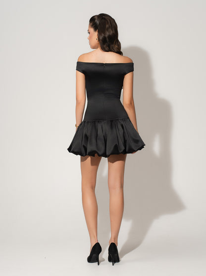 Off-Shoulders Satin Balloon Dress - Black