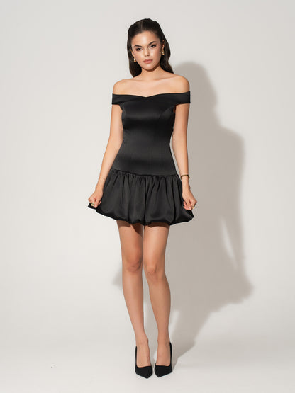 Off-Shoulders Satin Balloon Dress - Black