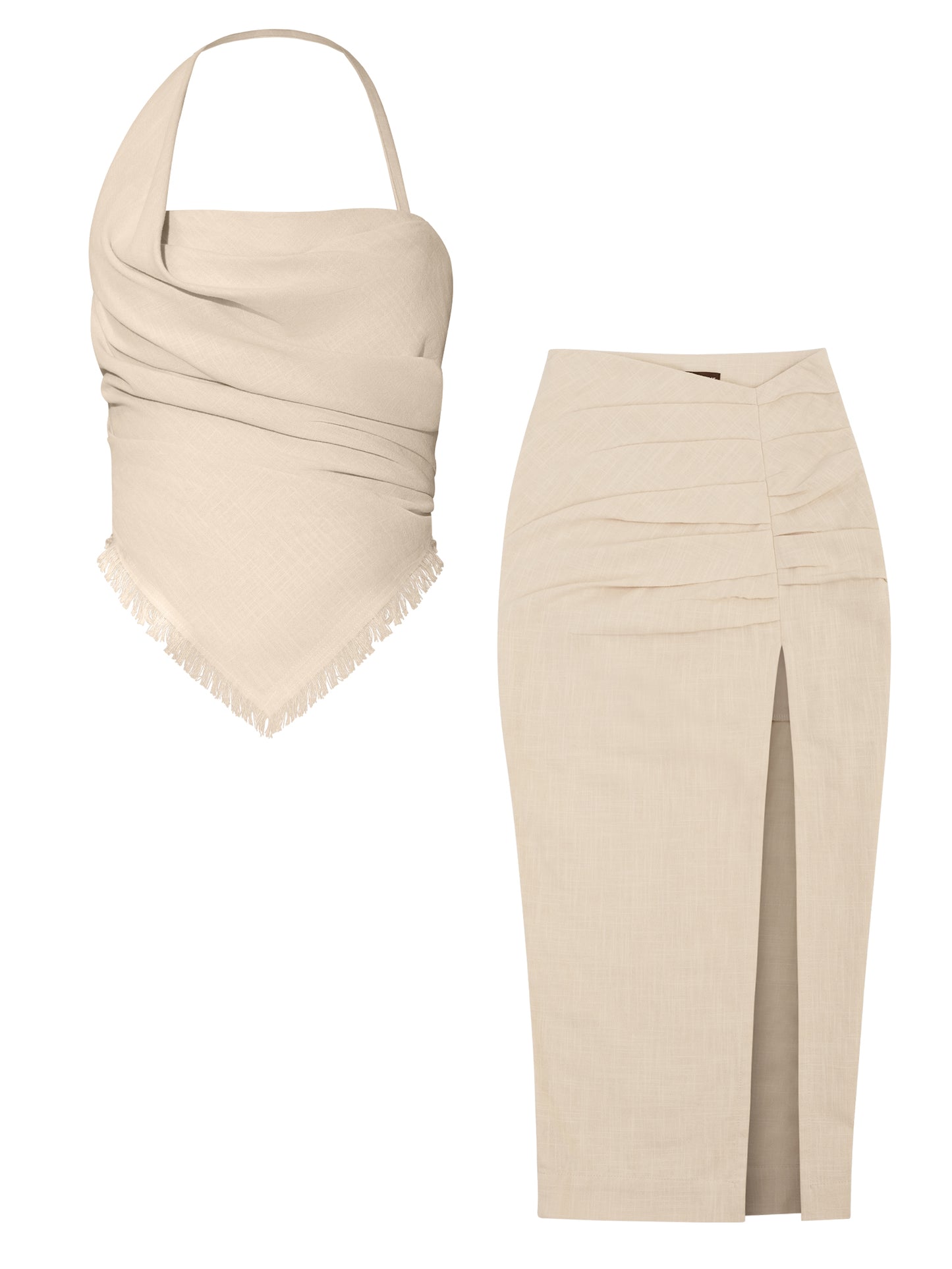 Open Back Draped Top & Midi Skirt Linen Set - Beige