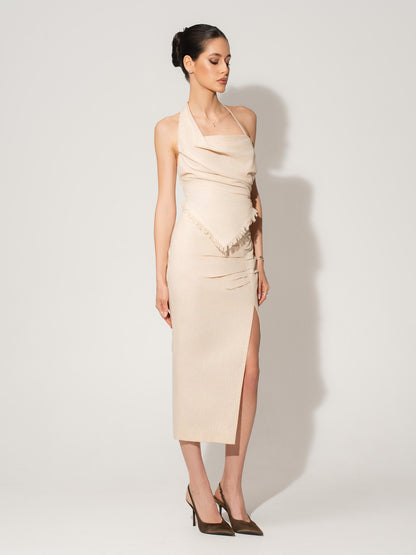 Open Back Draped Top in Linen - Beige