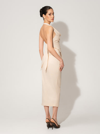 Open Back Draped Top in Linen - Beige
