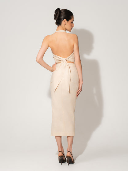 Open Back Draped Top in Linen - Beige