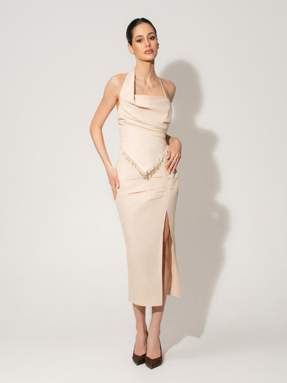 Open Back Draped Top & Midi Skirt Linen Set - Beige