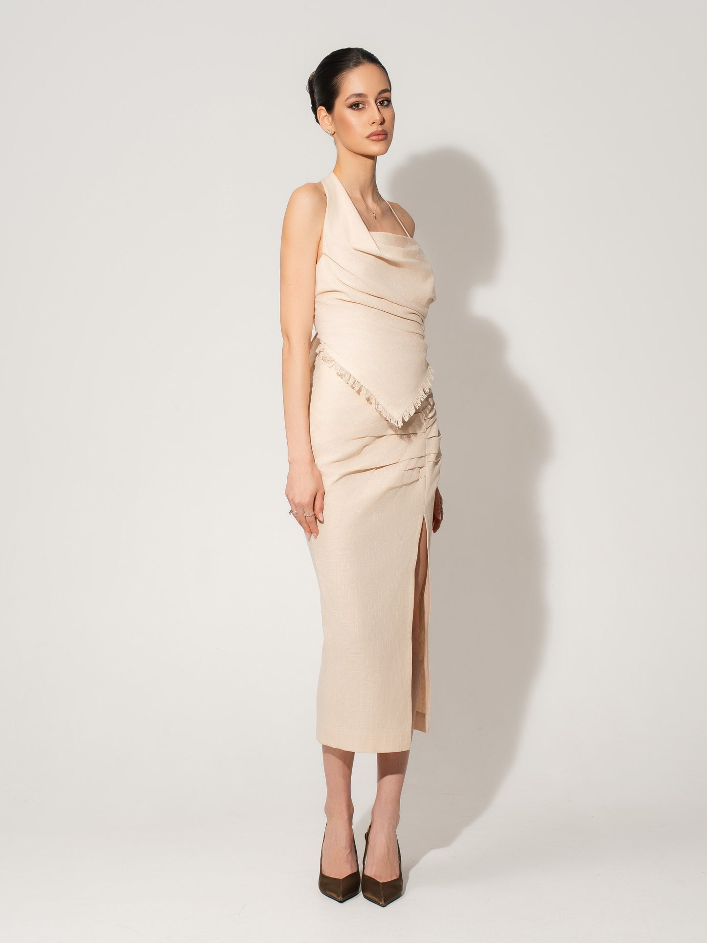 Open Back Draped Top & Midi Skirt Linen Set - Beige