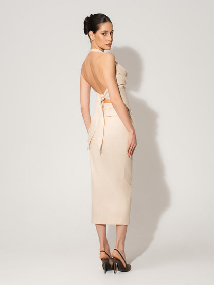 Open Back Draped Top & Midi Skirt Linen Set - Beige