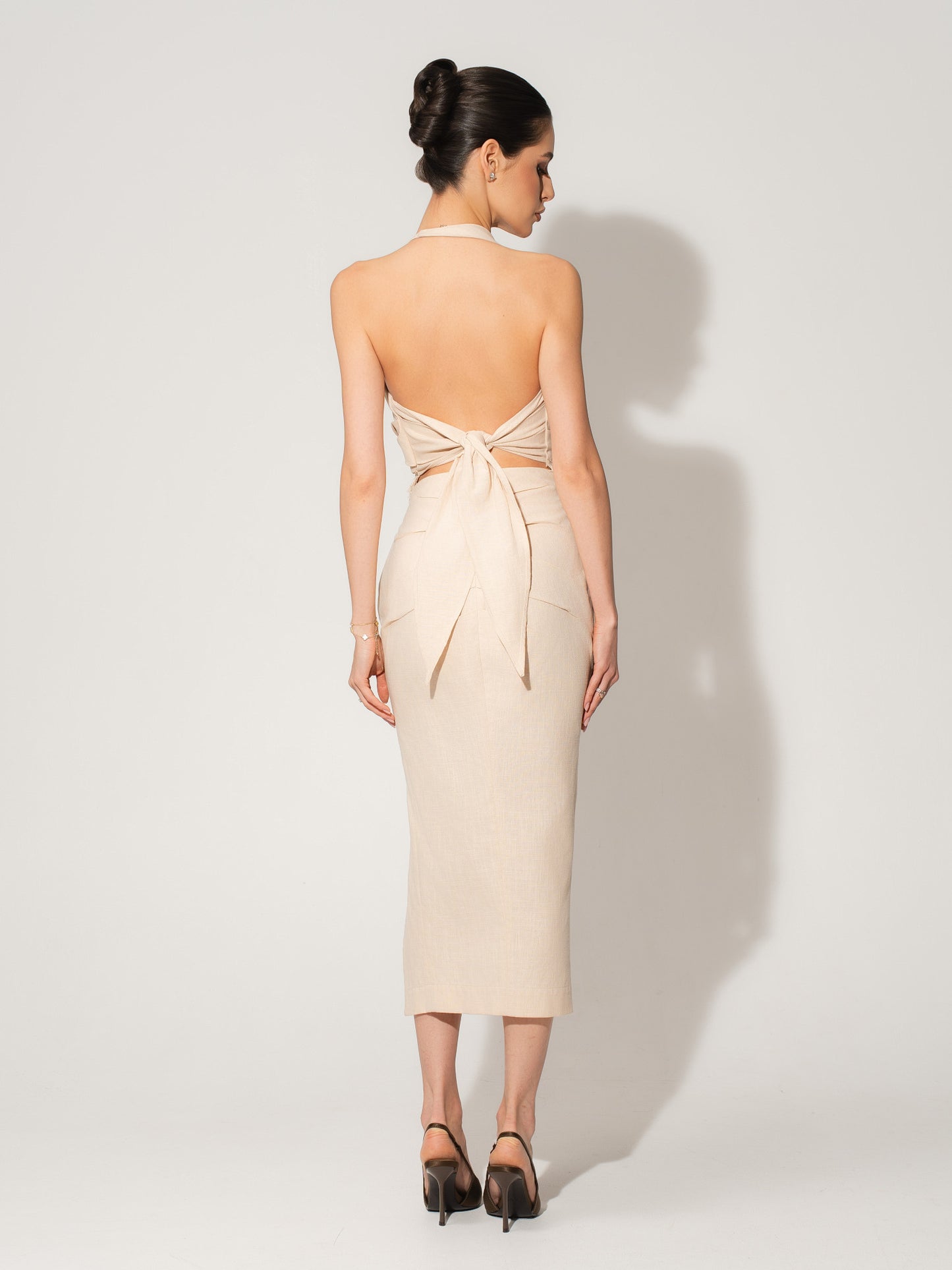 Open Back Draped Top & Midi Skirt Linen Set - Beige