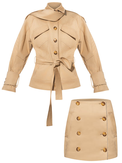 Oversized Belted Trench Jacket & Mini Skirt Set - Beige