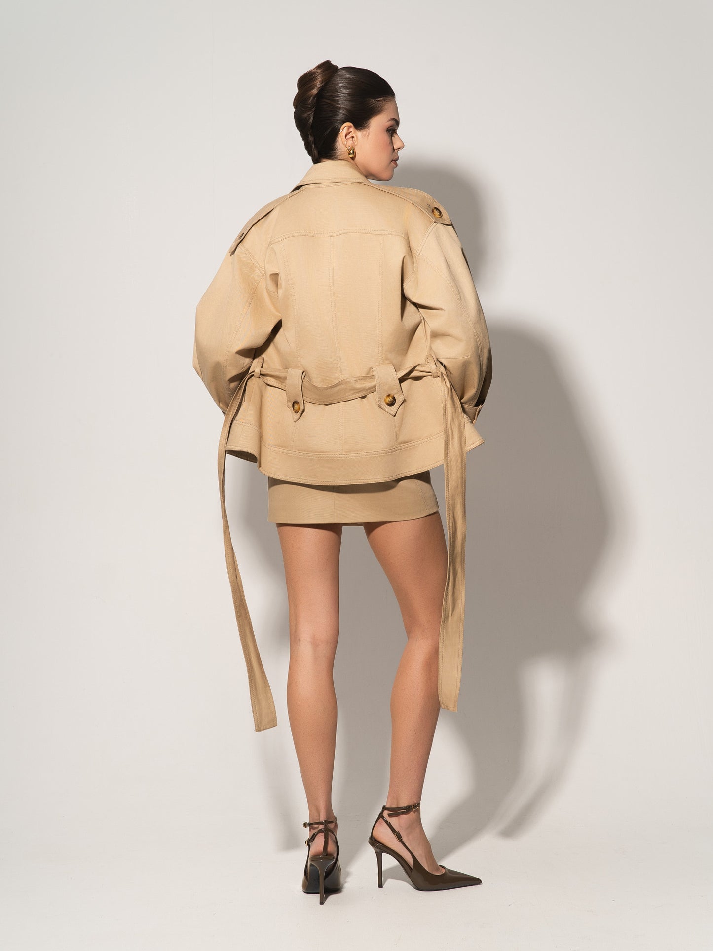 Oversized Belted Trench Jacket & Mini Skirt Set - Beige