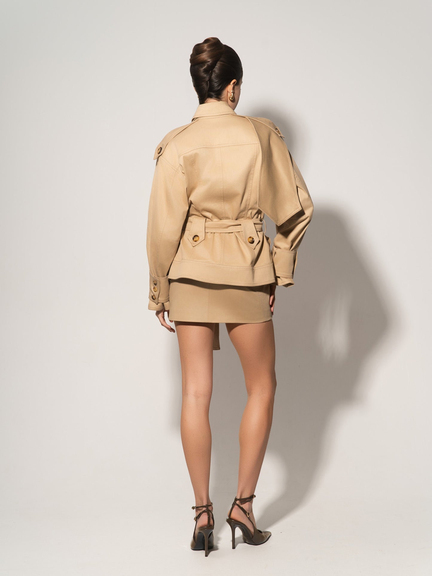 Oversized Belted Trench Jacket & Mini Skirt Set - Beige