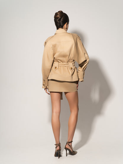 Oversized Belted Trench Jacket & Mini Skirt Set - Beige