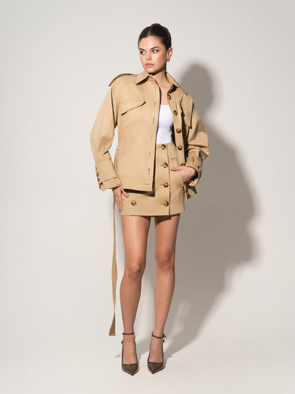 Oversized Belted Trench Jacket & Mini Skirt Set - Beige