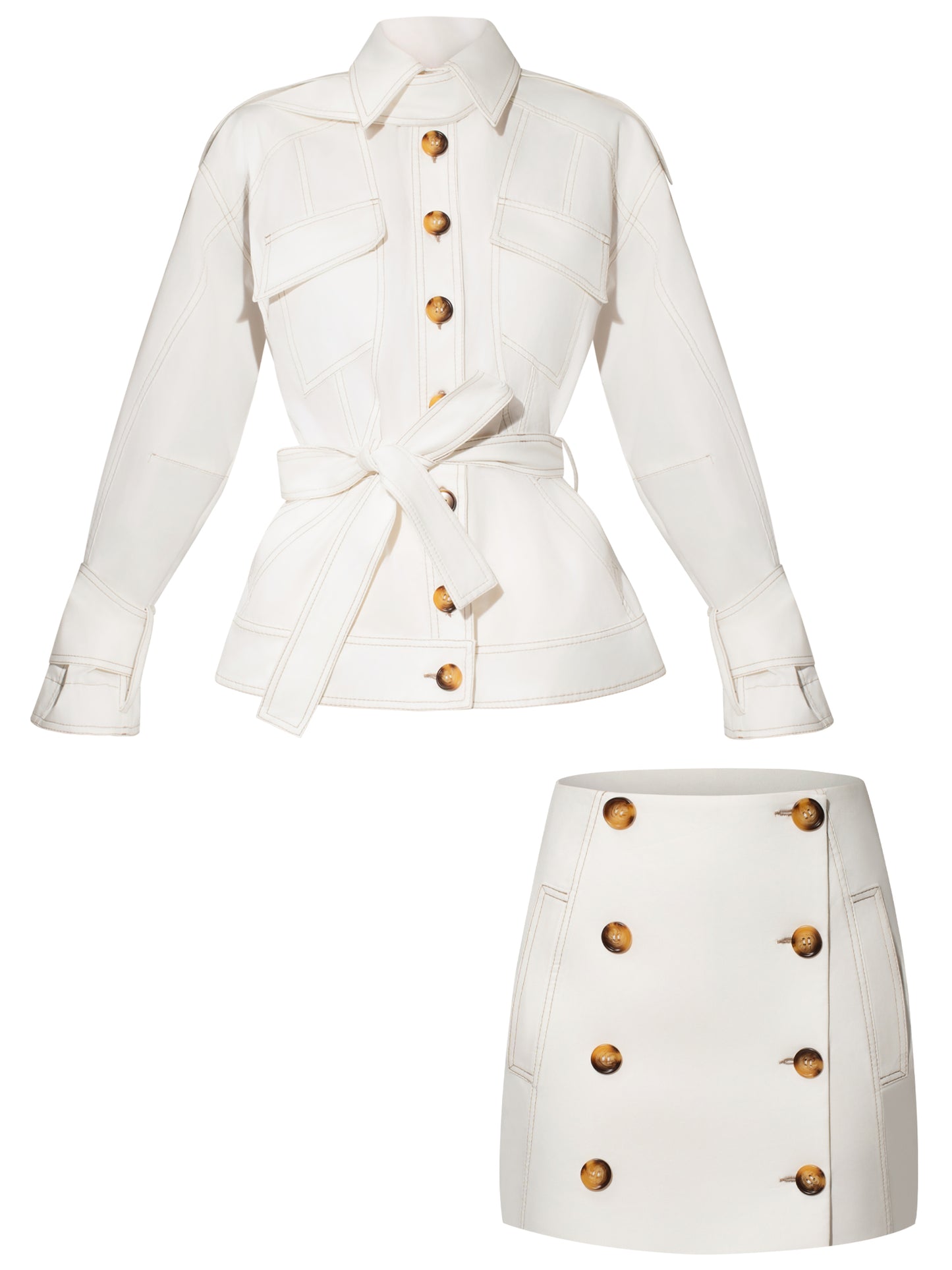 Oversized Belted Trench Jacket & Mini Skirt Set - White