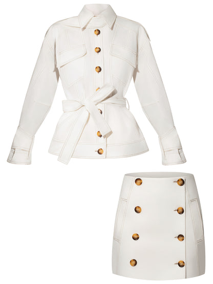 Oversized Belted Trench Jacket & Mini Skirt Set - White