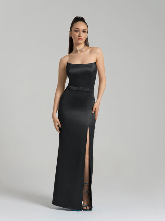 Queen of Hearts Satin Maxi Dress - Black
