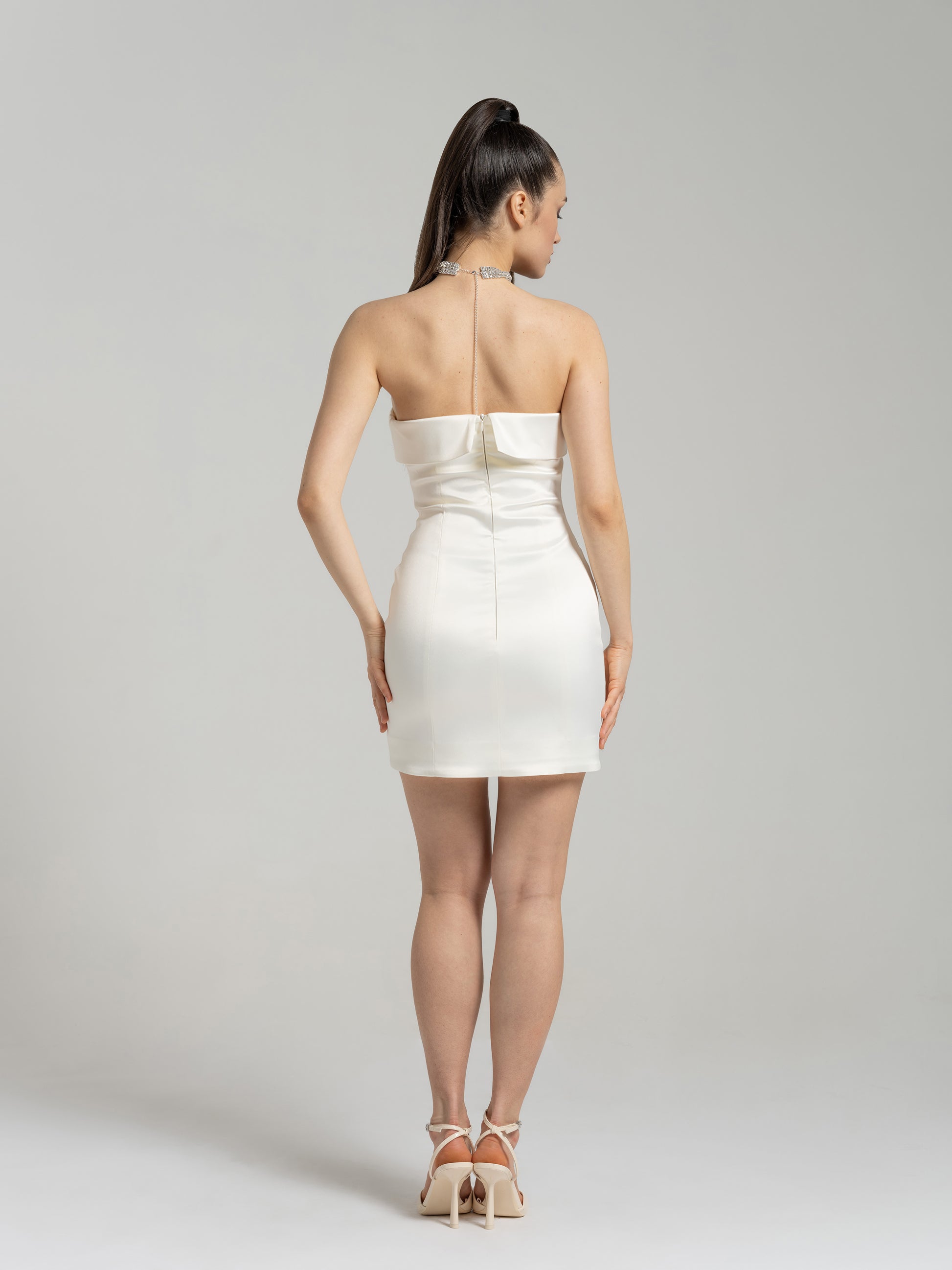 Romantic Allure Satin Mini Dress - Pearl White by Tia Dorraine Women's Luxury Fashion Designer Clothing Brand