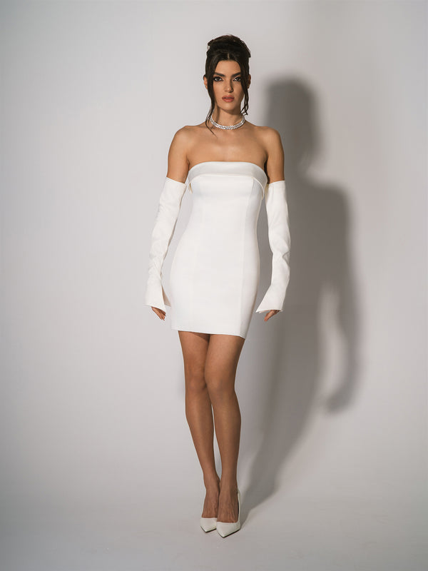 Romantic Allure Satin Mini Dress with Sleeves - Pearl White Pearl White / XXS Romantic Allure Satin Mini Dress with Sleeves - Pearl White Pearl White / XXS