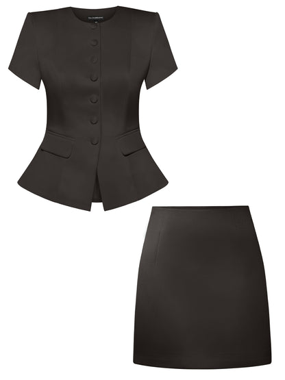 Romantic Glow Short Sleeves Blazer & Mini Skirt Set - Black