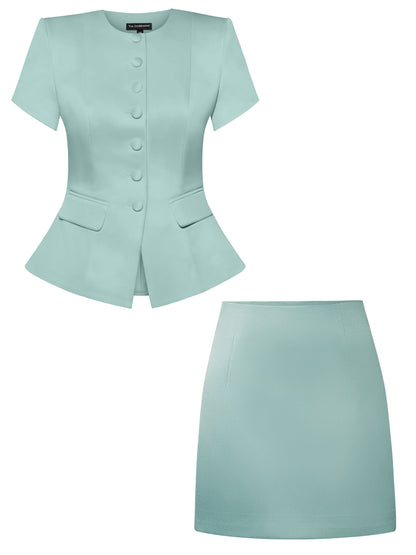 Romantic Glow Short Sleeves Blazer & Mini Skirt Set - Green