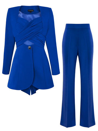 Royal Azure Cross-Wrap Statement Suit by Tia Dorraine Women's Luxury Fashion Designer Clothing Brand