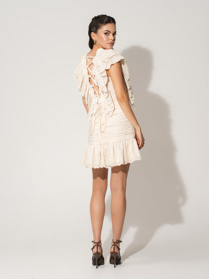 Ruched Mini Skirt in Cotton - Beige