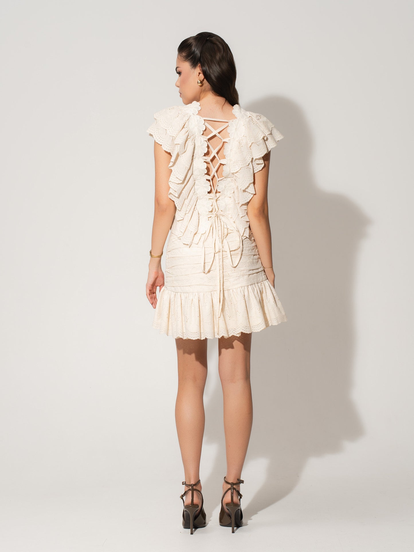 Ruched Mini Skirt in Cotton - Beige