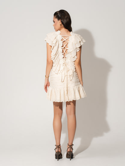 Ruched Mini Skirt in Cotton - Beige