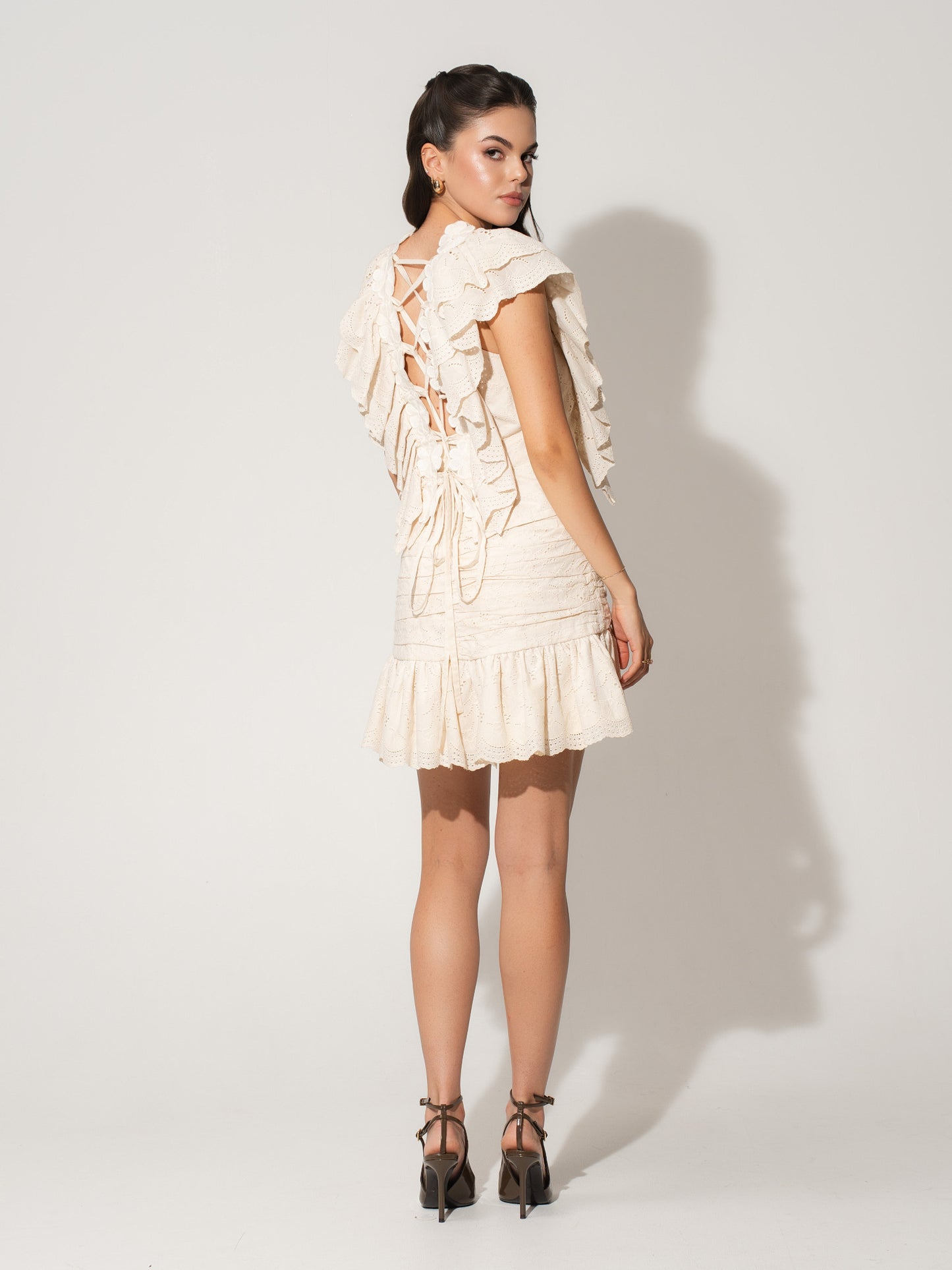 Ruffled Open Back Top & Ruched Mini Skirt Set