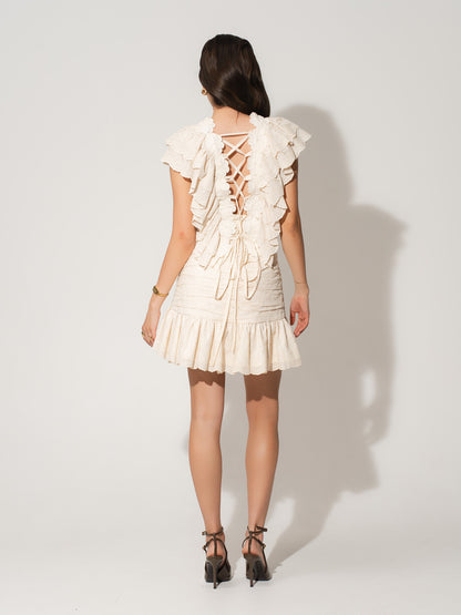 Ruffled Open Back Top in Cotton - Beige