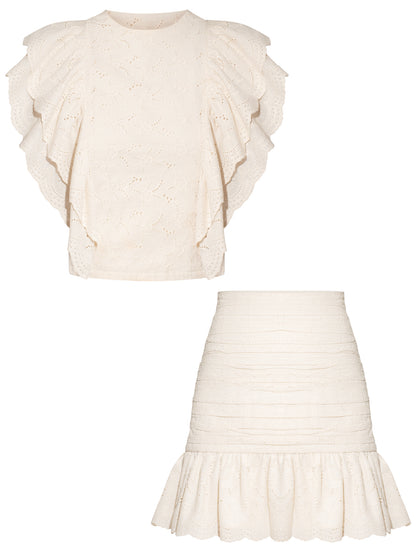 Ruffled Open Back Top & Ruched Mini Skirt Set