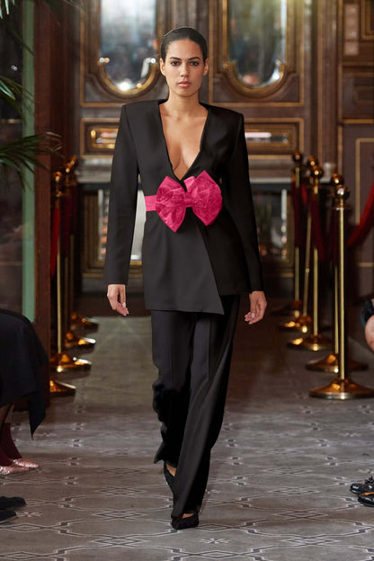 Black Pearl Power Suit with Pink Bow Belt by Tia Dorraine Women's Luxury Fashion Designer Clothing Brand