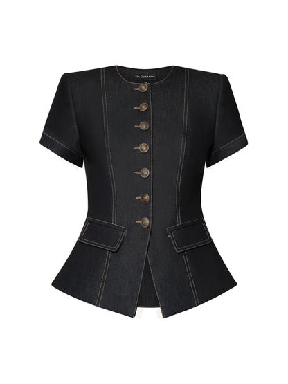 Short Sleeves Denim Blazer - Black