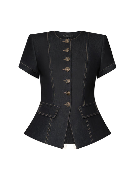 Short Sleeves Denim Blazer - Black