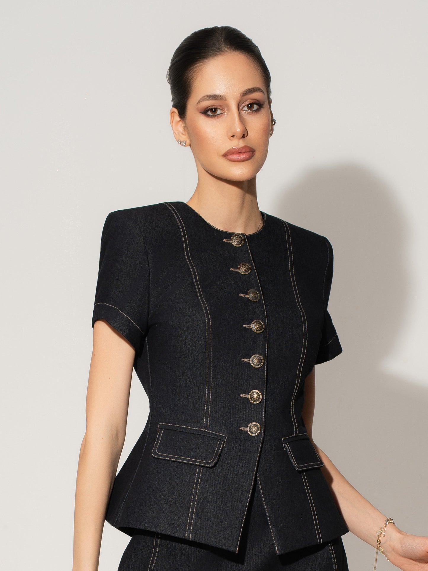 Short Sleeves Denim Blazer - Black